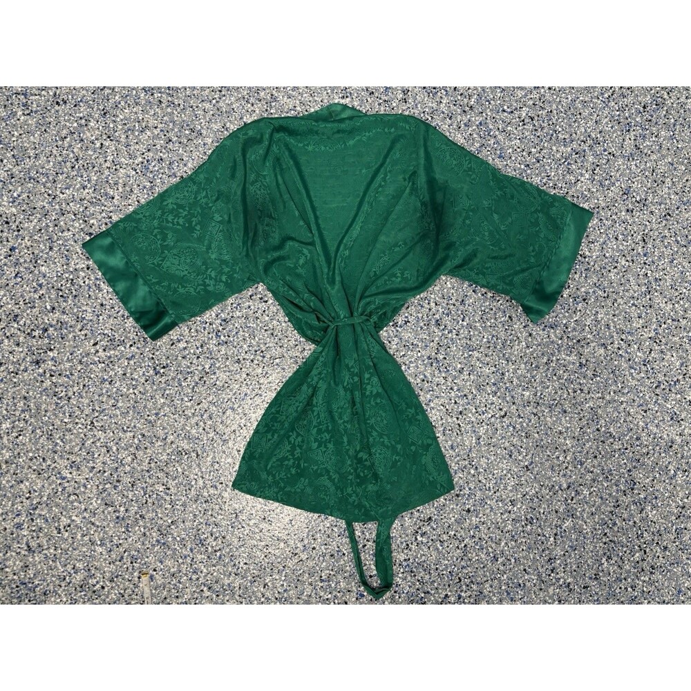 Vintage 90s Victoria's Secret Satin Kimono Womens Robe OS Green Jacquard Paisley - Picture 6 of 8